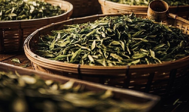 Foglie Verdi di Camellia Sinesis nei cesti di Bambù