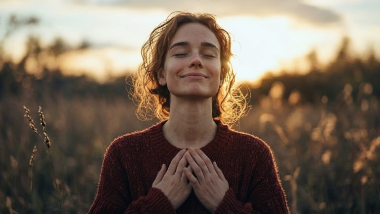 Donna con occhi chiusi e mani sul petto che fa un respiro profondo nella natura.