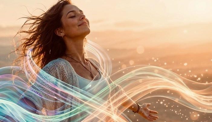 Colori e biochimica del benessere: donna che respira avvolta da onde di luce colorata
