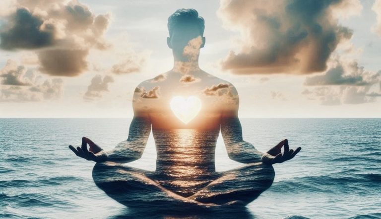 Persona in posizione del loto che medita davanti al mare con una luce radiosa sul petto, simbolo di equilibrio interiore.