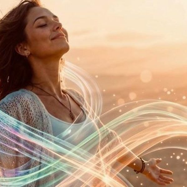 Colori e biochimica del benessere: donna che respira avvolta da onde di luce colorata