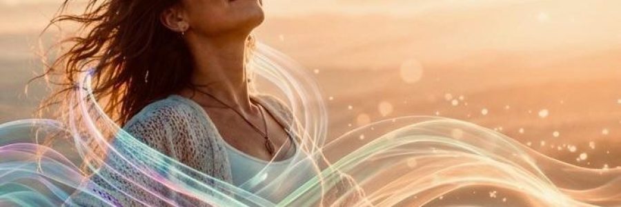 Colori e biochimica del benessere: donna che respira avvolta da onde di luce colorata