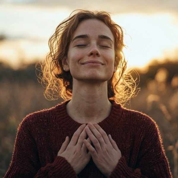 Donna con occhi chiusi e mani sul petto che fa un respiro profondo nella natura.