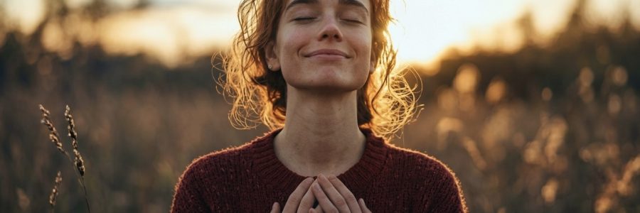 Donna con occhi chiusi e mani sul petto che fa un respiro profondo nella natura.